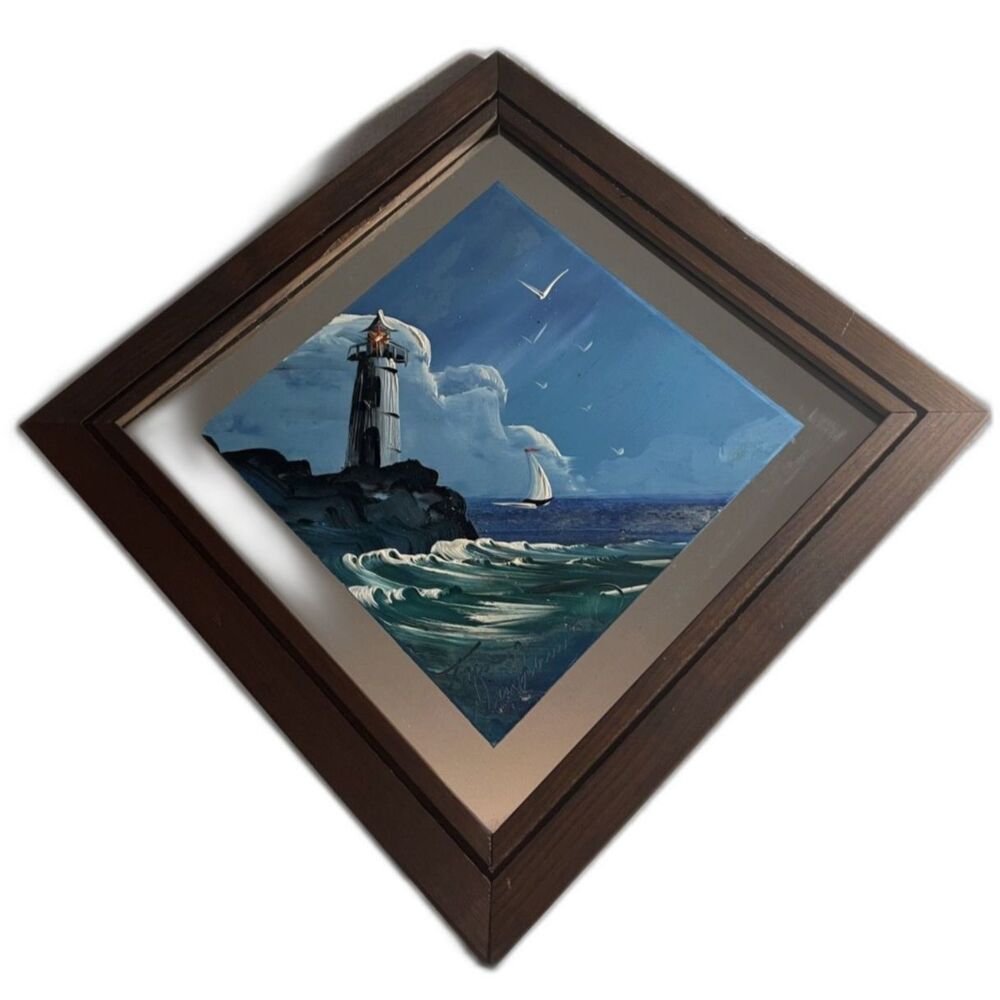 RARE 1996 Lighthouse Scene Painted on Mirror Signed Art Piece by Tom Dunham - Picture 2 of 9